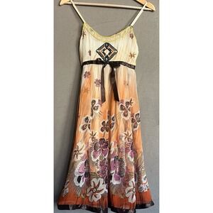 Floral Print Dress Brown Ribbon Waist Spaghetti Strap Sundress Summer Retro 70's